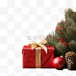 圣诞礼物和松树，红色圣诞装饰