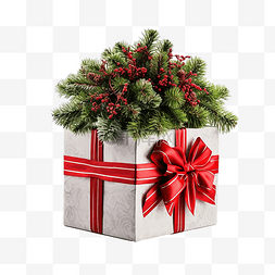 带树枝的花图片_有红丝带和圣诞树枝的礼品盒