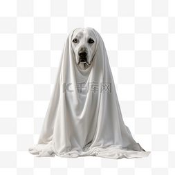 狗零食图片_一只穿着鬼魂服装的狗站在为庆祝