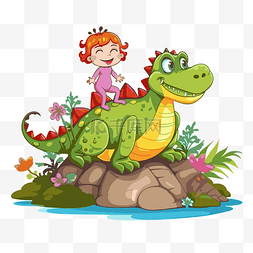 卡通恐龙绿色图片_轻轻剪贴画小公主骑着可爱的绿色