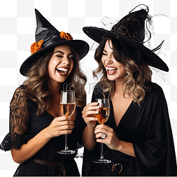 两个女巫在万圣节派对上庆祝友谊