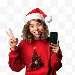 感恩回款图片_庆祝圣诞假期的女孩做电话手势
