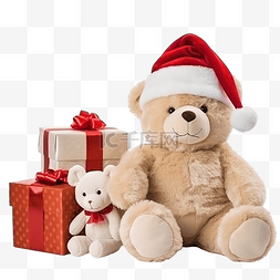 开心大小男孩图片_戴着圣诞帽带着大泰迪熊和圣诞礼