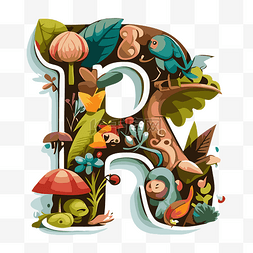 字母与植物图片_用动物和植物剪贴画以复古风格制