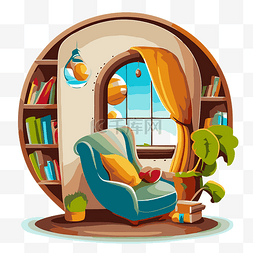 书籍剪贴画图片_有窗户和椅子的房间，周围都是书