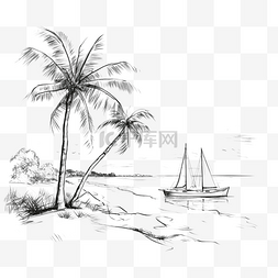 海滩风景黑色素描轮廓与棕榈树和