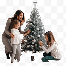 妈妈和她的两个孩子站着装饰圣诞