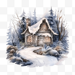 水彩冬天风景童话房子在森林里有