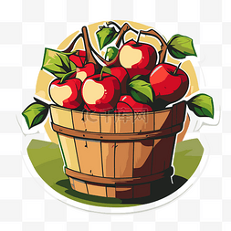 贴纸上装满了苹果和树叶的篮子 