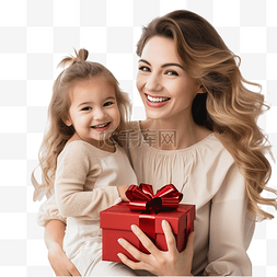 快乐的母亲和女婴在家拿着圣诞礼