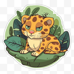 动物元素在设计中图片_坐在绿叶剪贴画中的小豹子动物的