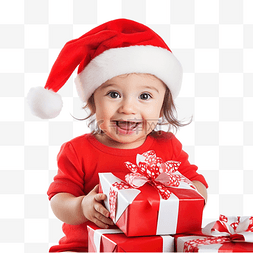 圣诞树圣诞帽图片_快乐漂亮的宝贝，穿着红色连衣裙