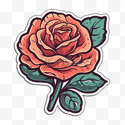 玫瑰贴纸图片_底部有叶子的橙色玫瑰贴纸剪贴画