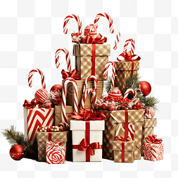手杖图片_带礼品盒和木制圣诞装饰品的圣诞