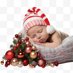 新生女婴睡在圣诞树下，手里拿着