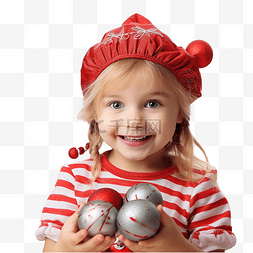 拿着花的小女孩图片_厨房里拿着圣诞树玩具的快乐有趣