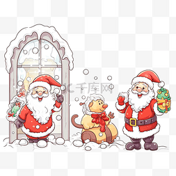 带雪的房子图片_一组卡通圣诞老人在窗户里，还有