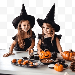 两个身着女巫服装的不同儿童女孩
