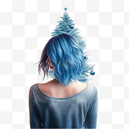 格子的衣服图片_圣诞树上的蓝头发女孩