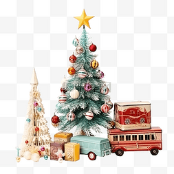 旧的彩色圣诞装饰品，配有毛皮树