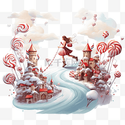 世界卡通风景图片_幻想风景插画，梦想女孩拿着圣诞