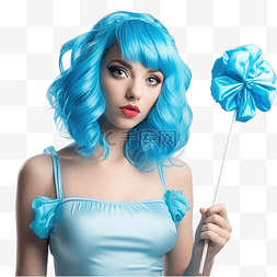 戴眼镜的时尚女人图片_糖果棒棒糖流行派对女孩在蓝色工
