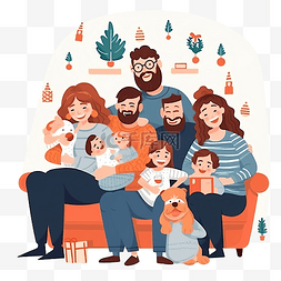 一家人坐沙发图片_平安夜，幸福的大家庭坐在客厅的