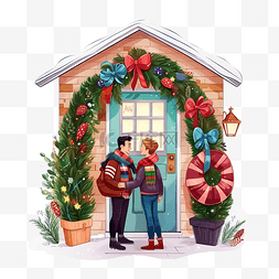 房子卡通人图片_lgbt 夫妇在门上挂圣诞花环，家人