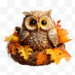 感恩节设计素材图片_可爱的工艺猫头鹰在巢中感恩节和
