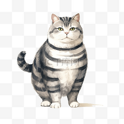 手绘可爱小动物图片_胖乎乎的猫，有黑白条纹，站立水
