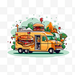 多肉背景图片_食品卡车和汉堡包插画以简约风格