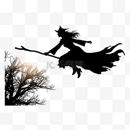 卡通人物帽子剪影图片_万圣节之夜骑着扫帚飞行的女巫的