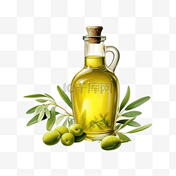 蔬菜水彩图片_带橄榄叶和树枝插图的橄榄油玻璃