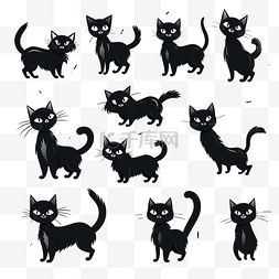 卡通小猫脸图片_猫活跃姿势黑色涂鸦套装卡通小猫