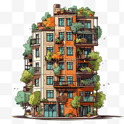 城市公寓楼与植物卡通的公寓剪贴
