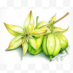 两个绿色葡萄柚和一朵花的图画