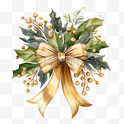 水彩圣诞槲寄生叶花环装饰着金色
