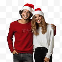 年轻的夫妇图片_灰墙上戴着圣诞帽的快乐年轻夫妇