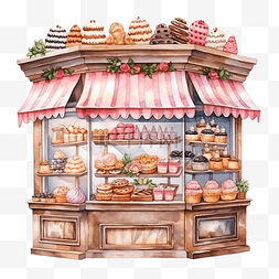 蛋糕手繪图片_一套面包店与糖果水彩画