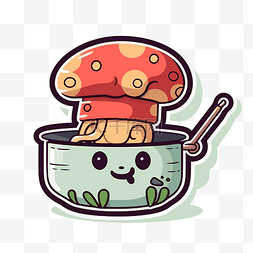 锅里有勺子的可爱蘑菇角色 向量