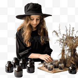 一个穿着黑裙子戴着女巫帽的女孩