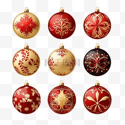 一套矢量金色和红色圣诞球与装饰