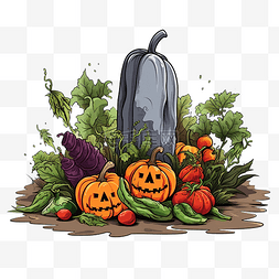 胡可回收垃圾桶图片_万圣节矢量插画的怪异墓碑和蔬菜