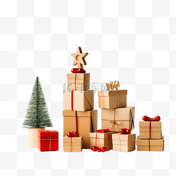 牛皮纸礼盒图片_圣诞牛皮纸礼盒，木质上装有圣诞