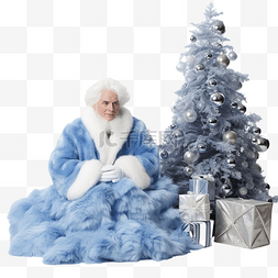罗斯福啤酒图片_圣诞树附近穿着蓝色毛皮大衣的英