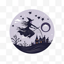 月亮矢量插画图片_快乐的万圣节庆祝卡与女巫飞扫帚