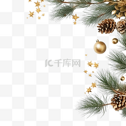 金色松枝图片_带有冷杉树枝和金色装饰品的圣诞