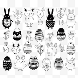 兔子貼紙图片_可爱的复活节黑白元素集合酯兔子