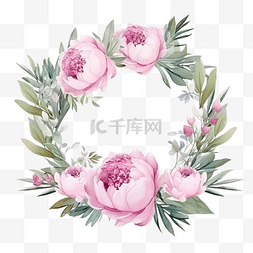 玫瑰花瓣花环图片_种子桉树枝花环框架上的水彩粉色