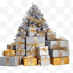 礼盒装饰框图片_圣诞树下美丽的银金礼盒